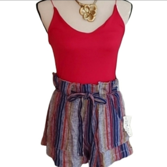 Indigo Rein Linen Blend Striped Paper Bag High Waisted Shorts - Picture 2 of 6